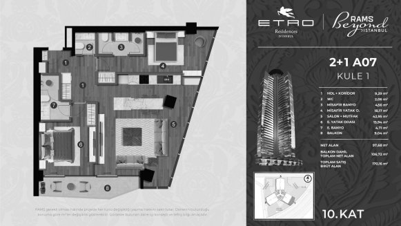 Apartment floor plan, 2 bedrooms in Etro Residences No. 11007 (2D)
