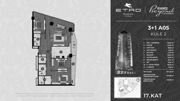 Apartment floor plan, 3 bedrooms in Etro Residences No. 11008 (2D)